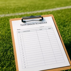 Peut inclure: Un presse-papiers avec un "TEAM SNACK SCHEDULE" imprimé est posé sur de l'herbe verte. L'emploi du temps comporte des colonnes pour "Fea", "Coisras Counts", "Scudv" et "Resis", avec des rangées numérotées. Le presse-papiers est marron avec une pince argentée.