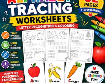 Schede di esercizi per imparare a tracciare l'alfabeto / Riconoscimento delle lettere, da colorare (PDF)