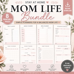 May include: A printable Mom Life bundle with 8 pages, including daily, weekly, and meal planners, a cleaning schedule, family calendar, budget tracker, habit tracker, and self-care planner. The design is simple and minimal, with a pink and white colour scheme.