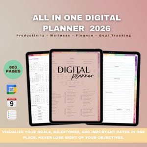 Peut inclure: Trois tablettes numériques affichant un agenda numérique pour 2026. L'agenda comprend des sections pour la productivité, le bien-être, les finances et le suivi des objectifs. Le texte sur les tablettes indique "ALL IN ONE DIGITAL PLANNER 2026" et "DIGITAL planner".