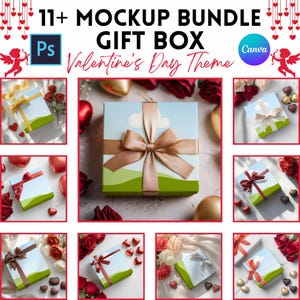 May include: An image showcasing a mockup bundle of gift boxes with a Valentine's Day theme. The boxes feature a landscape design and are adorned with ribbons. The image includes the text "11+ Mockup Bundle Gift Box Valentine's Day Theme."
