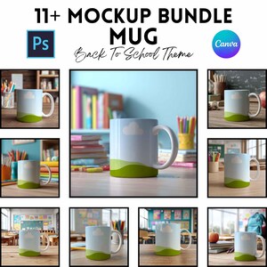 May include: A mockup bundle of mugs with a back-to-school theme. The mugs are white with a light blue sky design, a white cloud, and a green landscape. The image includes the Photoshop and Canva logos.