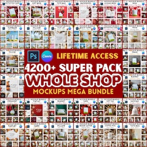 May include: A digital marketing graphic for a 4200+ super pack whole shop mockups mega bundle with lifetime access. The image features a grid of various product mockups including invitation cards, gift boxes, tote bags, pillows, and mugs.