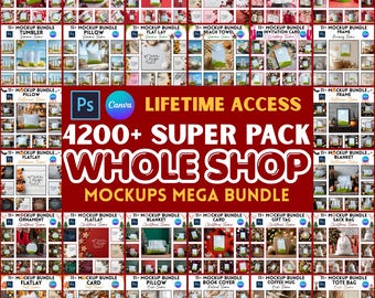 May include: A digital marketing graphic for a 4200+ super pack whole shop mockups mega bundle with lifetime access. The image features a grid of various product mockups including invitation cards, gift boxes, tote bags, pillows, and mugs.
