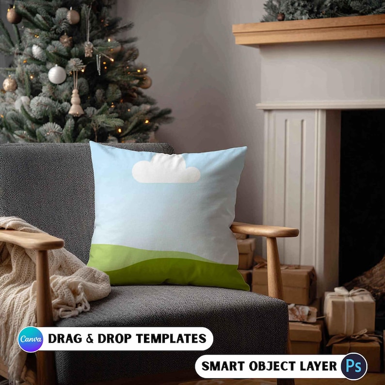 May include: A square cushion with a sky and landscape design. The cushion features a light blue sky with a white cloud and green rolling hills. The text "CANVA DRAG & DROP TEMPLATES" and "SMART OBJECT LAYER Ps" are visible.