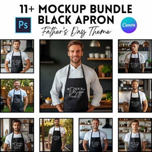 Könnte beinhalten: Ein Mockup-Bundle mit schwarzen Schürzen mit dem weißen Text "Your Design Here". Das Bild enthält mehrere Fotos von Personen, die die Schürzen tragen. Der Text "11+ Mockup Bundle Black Apron Father's Day Theme" steht oben.