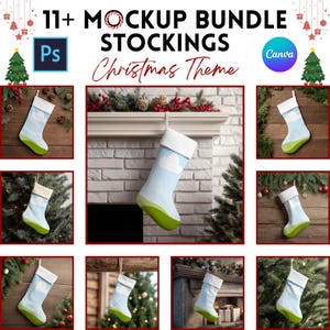 May include: A mockup bundle of Christmas stockings with a light blue design, white cuff, and green toe. The image includes the text "11+ Mockup Bundle Stockings Christmas Theme" and logos for Photoshop and Canva.