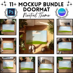 Puede incluir: Un paquete de maquetas de felpudos con un tema neutro. Los felpudos presentan un diseño de paisaje con un cielo azul, una nube blanca y colinas verdes. La imagen incluye el texto "11+ Mockup Bundle Doormat Neutral Theme".