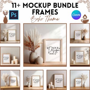 Könnte beinhalten: Ein Mockup-Bundle mit über 11 Rahmen im Boho-Stil. Die Rahmen zeigen den Text "Your Design Here", ergänzt durch Pampasgras, Kerzen und Vasen. Das Bild enthält auch die Logos für Photoshop und Canva.