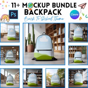 May include: A digital mockup bundle featuring 11 backpack designs with a light blue sky and green rolling hills pattern. The text reads 11+ MOCKUP BUNDLE BACKPACK Back To School Theme, with Ps and Canva logos visible in the top section of the graphic.