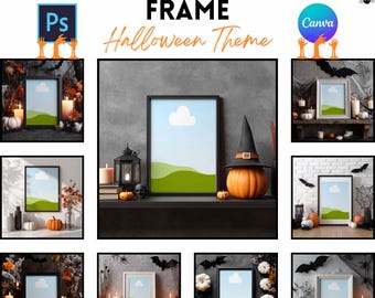 May include: A Halloween-themed mockup bundle frame. The image shows several framed art mockups with Halloween decorations like pumpkins, candles, and bats. The text "11+ Mockup Bundle Frame" and "Halloween Theme" is displayed at the top of the image.