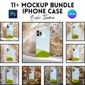 以下が含まれることがあります： ボヘミアンテーマのiPhoneケースのモックアップバンドル。ケースは、白雲と緑の丘のデザインの淡い青色の背景が特徴です。画像には、PhotoshopとCanvaのロゴが含まれています。
