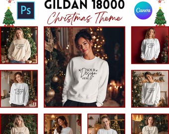 May include: A mockup bundle featuring Gildan 18000 sweatshirts with a Christmas theme. The image includes multiple photos of people wearing sweatshirts with the text "Your Design Here". The image also includes the text "11+ Mockup Bundle" and the Photoshop and Canva logos.