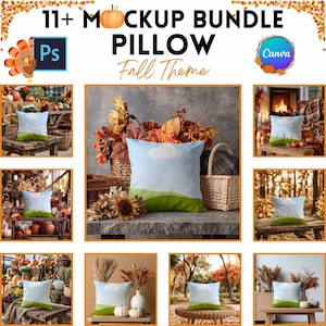 May include: A digital bundle of 11+ pillow mockups featuring a fall theme. The images display a square pillow with a light blue sky, a single white cloud, and a green grassy hill. The collection includes various seasonal settings with pumpkins.