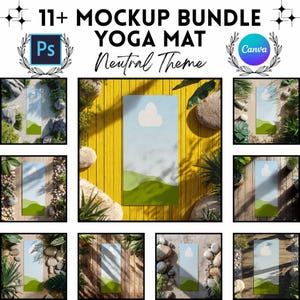 Puede incluir: Un paquete de maquetas digitales para una esterilla de yoga con un tema neutro. El diseño muestra un cielo azul claro con una nube blanca sobre colinas verdes. El conjunto incluye 11 variaciones de la esterilla en distintos entornos.