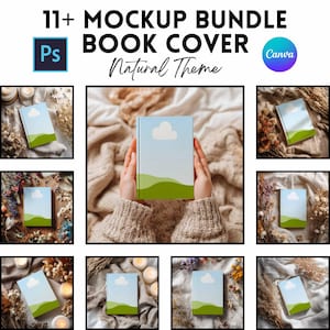 May include: A mockup bundle of book covers with a natural theme. The image features a book with a blue sky and cloud design, with green hills at the bottom. The book is surrounded by other mockups of the same book cover design. The text "11+ MOCKUP BUNDLE BOOK COVER Natural Theme" is at the top.