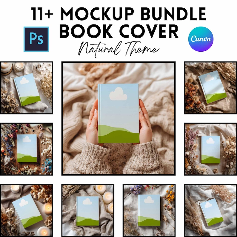 May include: A mockup bundle of book covers with a natural theme. The image features a book with a blue sky and cloud design, with green hills at the bottom. The book is surrounded by other mockups of the same book cover design. The text "11+ MOCKUP BUNDLE BOOK COVER Natural Theme" is at the top.