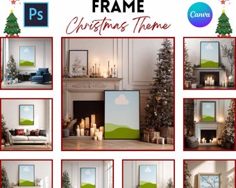 May include: A mockup bundle frame with a Christmas theme. The image shows several framed art mockups with a blue sky and green hills design. The text includes "11+ Mockup Bundle Frame" and "Christmas Theme". The image also includes the Photoshop and Canva logos.
