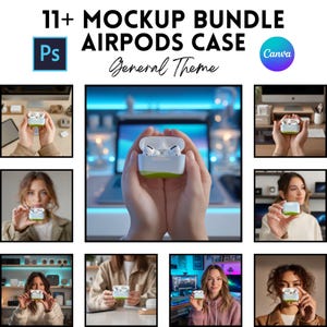 以下が含まれることがあります： 「11+ MOCKUP BUNDLE AIRPODS CASE General Theme」のテキストが入ったAirpodsケースモックアップバンドルの画像。デザインは、さまざまな設定で表示される、緑色のアクセントが付いた白いAirpodsケースが特徴です。PhotoshopとCanvaのロゴも表示されています。