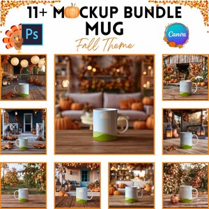 May include: A digital mockup bundle featuring 11+ mug designs with a fall theme. The image displays various scenes of white mugs with a simple green hill and blue sky graphic, set against autumn-inspired backgrounds like porches and rustic interiors.
