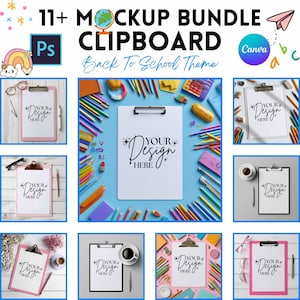 May include: A digital mockup bundle featuring 11 clipboard templates with a back-to-school theme. The images display various clipboards on different surfaces, surrounded by colorful pencils, pens, and stationery, with the text Your Design Here.