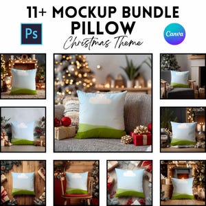 Puede incluir: Un paquete de maquetas con almohadas con temática navideña. Las almohadas tienen un diseño de cielo azul y nubes sobre un paisaje verde. La imagen incluye el texto "11+ MOCKUP BUNDLE PILLOW Christmas Theme".