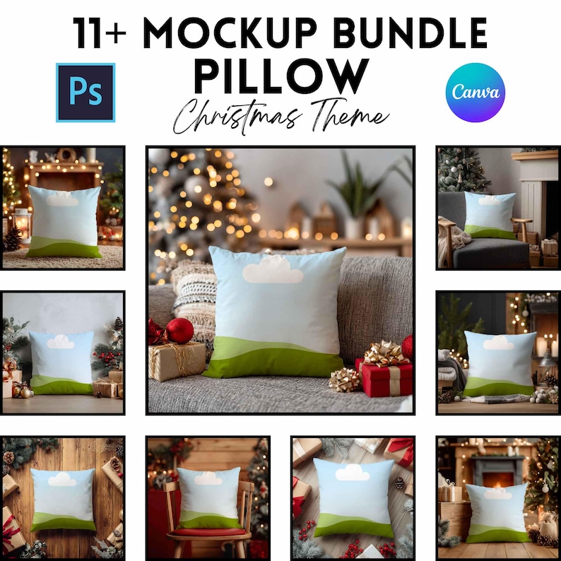 May include: A mockup bundle featuring pillows with a Christmas theme. The pillows have a blue sky and cloud design over a green landscape. The image includes the text "11+ MOCKUP BUNDLE PILLOW Christmas Theme".