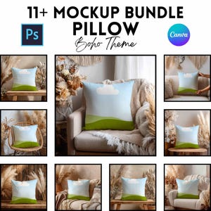 Op de afbeelding: Een mockup-bundel met kussens met een Boho-thema. De kussens hebben een ontwerp van een blauwe lucht, witte wolk en groene heuvels. De tekst "11+ MOCKUP BUNDLE PILLOW Boho Theme" staat bovenaan, met de Photoshop- en Canva-logo's.