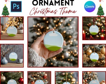 May include: A mockup bundle of Christmas ornaments with a landscape design. The ornaments are round with a blue sky, white cloud, and green hills. The image includes the text "11+ Mockup Bundle Ornament Christmas Theme" and the Photoshop and Canva logos.
