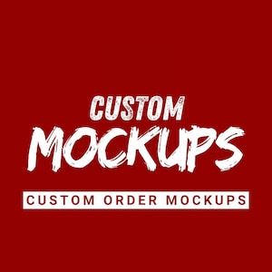 以下が含まれることがあります： 赤色の背景に、大きな白いかすれたフォントで「CUSTOM MOCKUPS」という文字が書かれています。その下に、白い長方形で「CUSTOM ORDER MOCKUPS」というテキストがあります。