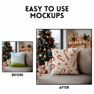 May include: A cream-coloured square cushion adorned with a pattern of red candy canes and snowflakes. The cushion is placed on a grey sofa, with a Christmas tree in the background. The text "EASY TO USE MOCKUPS" is at the top.