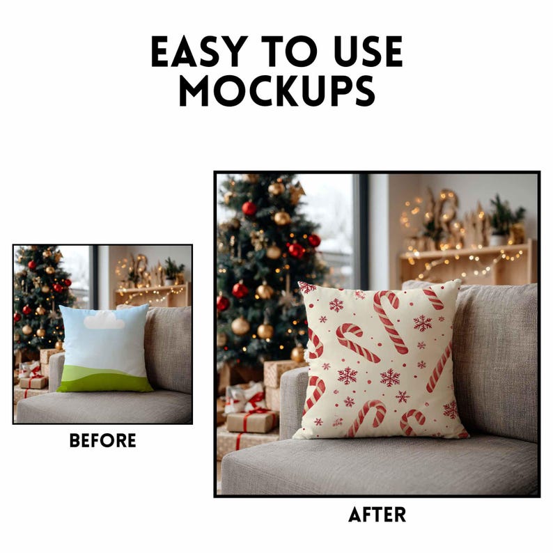 May include: A cream-coloured square cushion adorned with a pattern of red candy canes and snowflakes. The cushion is placed on a grey sofa, with a Christmas tree in the background. The text "EASY TO USE MOCKUPS" is at the top.
