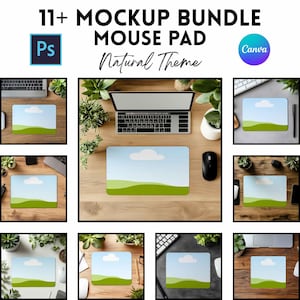 Op de afbeelding: Een mockup-bundel van muismatten met een natuurlijk thema. De afbeelding toont meerdere muismatten met een ontwerp van een blauwe lucht, witte wolk en groen landschap. De logo's van Photoshop en Canva zijn ook zichtbaar.