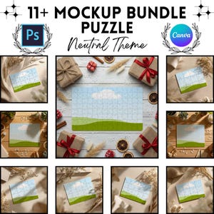 Puede incluir: Un paquete de maquetas con un rompecabezas con un diseño de paisaje, rodeado de cajas de regalo, naranjas secas y elementos decorativos. El texto dice "11+ Mockup Bundle Puzzle Neutral Theme" con los logotipos de Photoshop y Canva.