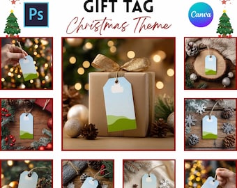 May include: A collection of gift tag mockups with a Christmas theme. The tags display a blue sky and green landscape design. The image includes the text "11+ Mockup Bundle Gift Tag Christmas Theme" and the logos for Photoshop and Canva.