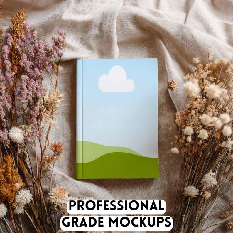 May include: A hardcover book with a sky blue cover featuring a white cloud and green hills. The book is surrounded by dried flowers and the text "PROFESSIONAL GRADE MOCKUPS" is at the bottom.