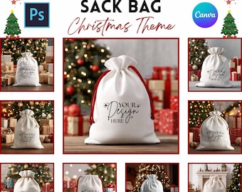 May include: A mockup bundle of white sack bags with red drawstrings, ideal for Christmas. The bags are printed with the text "YOUR Design HERE". The image also includes the text "11+ MOCKUP BUNDLE SACK BAG Christmas Theme".