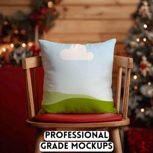 May include: A square cushion with a sky and landscape design, featuring a white cloud, blue sky, and green hills. The cushion is on a wooden chair with a red seat. The text "PROFESSIONAL GRADE MOCKUPS" is at the bottom.
