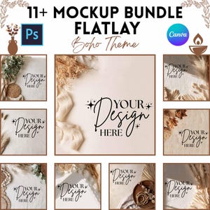 May include: A digital mockup bundle featuring 11 flatlay images with a neutral color palette. Each square frame displays the text 'YOUR DESIGN HERE' in a black script font with star accents, surrounded by dried foliage, beads, and textures.