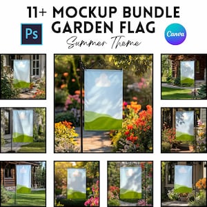 Puede incluir: Un paquete de maquetas de banderas de jardín con temática de verano. Las banderas muestran un cielo azul, una nube blanca y colinas verdes. La imagen incluye el texto "11+ Mockup Bundle Garden Flag Summer Theme" y los logotipos de Photoshop y Canva.