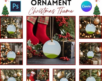May include: A mockup bundle of Christmas ornaments with a landscape design. The ornaments are round, with a blue sky, green hills, and a white cloud. The image includes text that says "11+ Mockup Bundle Ornament Christmas Theme".