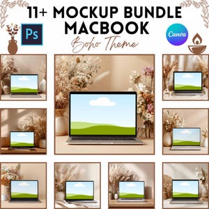 Puede incluir: Un paquete de maquetas con múltiples pantallas de MacBook con un tema Boho. La imagen incluye el texto "11+ MOCKUP BUNDLE MACBOOK Boho Theme" junto con los logotipos de Photoshop y Canva. Los portátiles muestran un paisaje con cielo azul y colinas verdes.