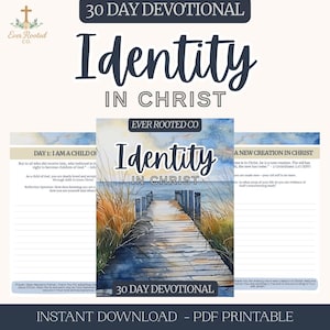 May include: A devotional book titled "Identity in Christ" with a watercolor illustration of a wooden pier leading to the ocean. The cover features the text "30 Day Devotional" and "Instant Download - PDF Printable".