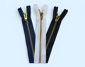 Fermetures éclair YKK Brass Jeans - Lot de 3 - 5 pouces 5,5 pouces 6,5 pouces 7 pouces 7,5 pouces 8 pouces - Noir, blanc ou bleu marine - Fermeture éclair de pantalon en métal robuste