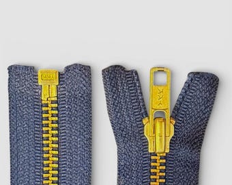 Fermeture à glissière séparée YKK 10 pouces en laiton - Bout ouvert - Bleu foncé - Fermeture à glissière en métal n° 5 - Robuste
