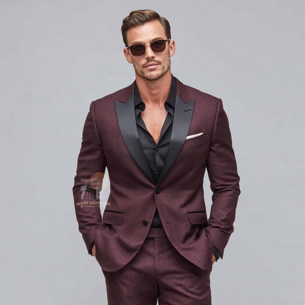 ラグジュアリーなバーガンディのスリムフィットタキシード：メンズ