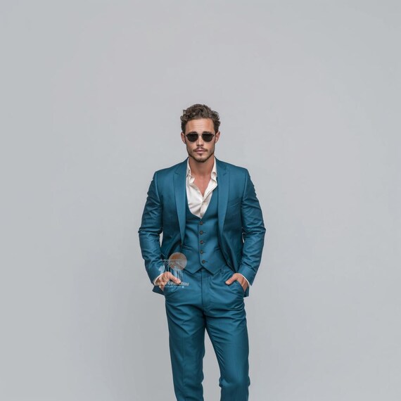 Tuxedo Traje Azul Verdoso Traje Azul Petroleo Satinado Traje Azul