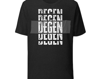 May include: Black t-shirt with the word "DEGEN" in white, repeated vertically. A gray rectangle obscures part of the text. The shirt is made of a soft material.