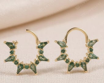 14K Gold Moss Agate Spike Daith Hoop, Gemstone Septum Piercing Christmas Gift