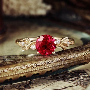 Vintage Ruby Engagement Ring: Rose Gold Leaf Branch, Natural Diamond Accents